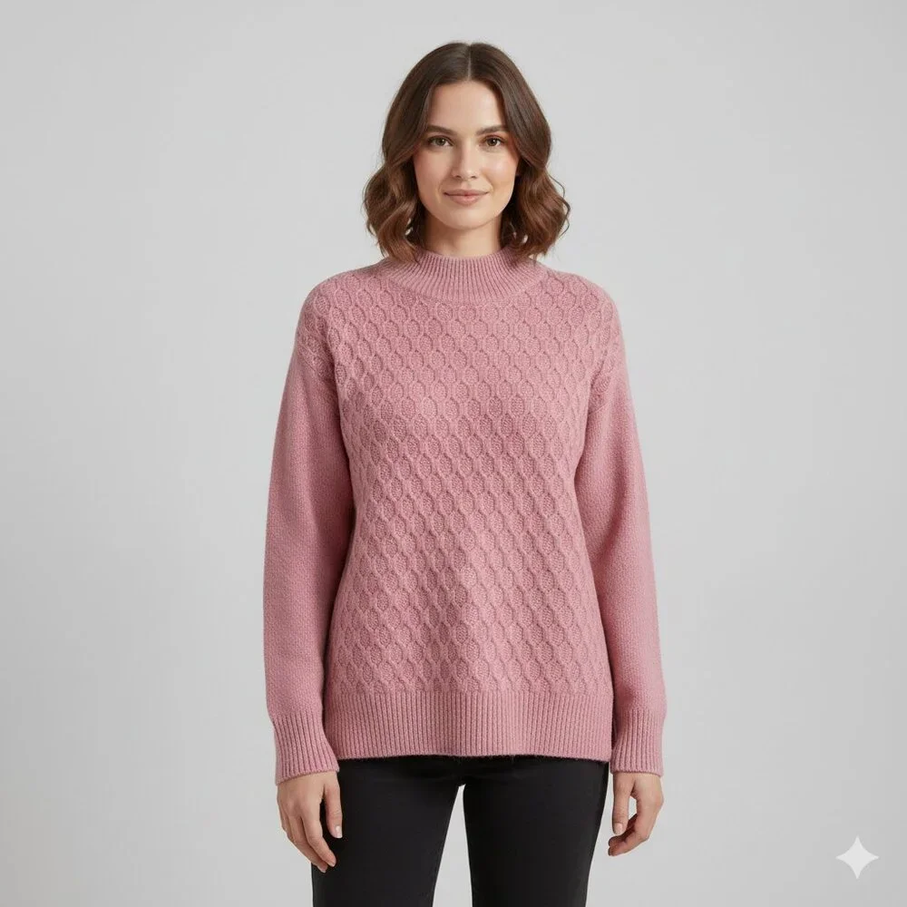 Talbots Honeycomb Cable Knit Women's Medium Pink Mock Neck Pullover Sweater EUC